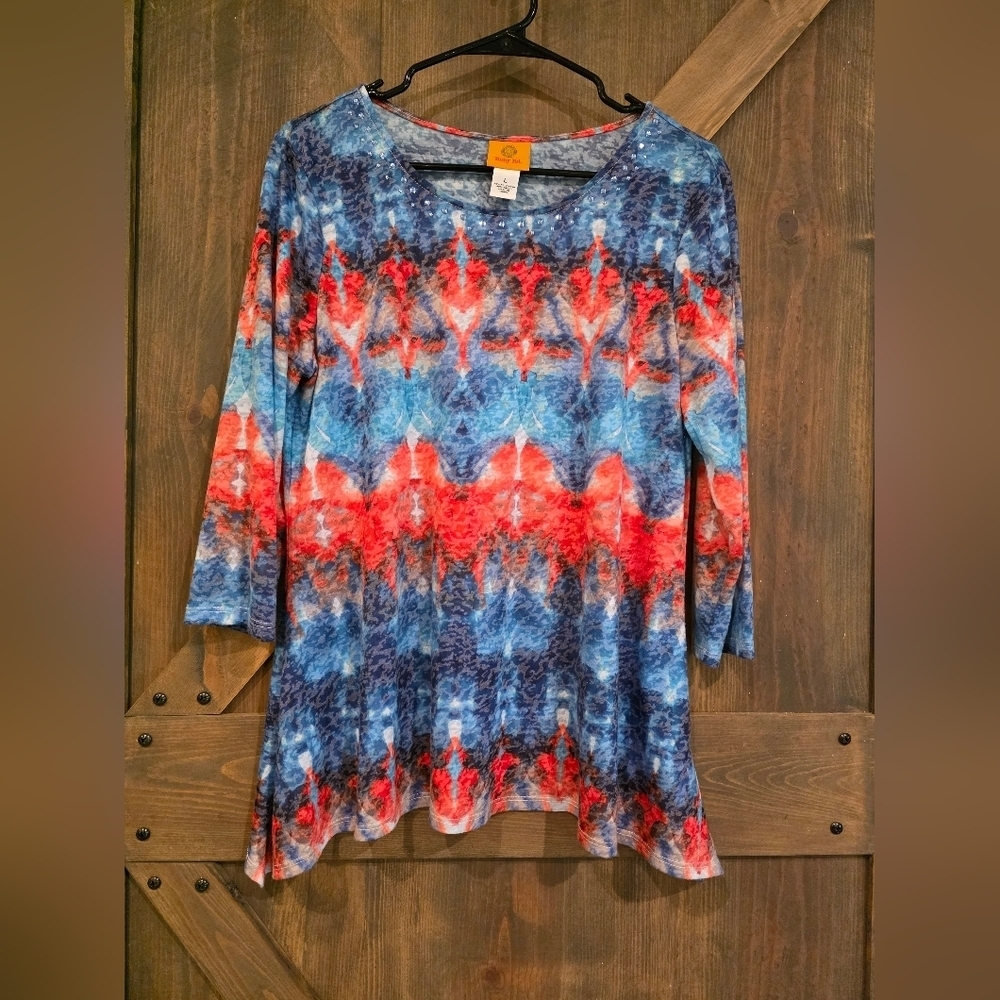 Ruby Rd. Knit Embellished Blue and Red Tie Die Tunic Size Large - Picture 2 of 4